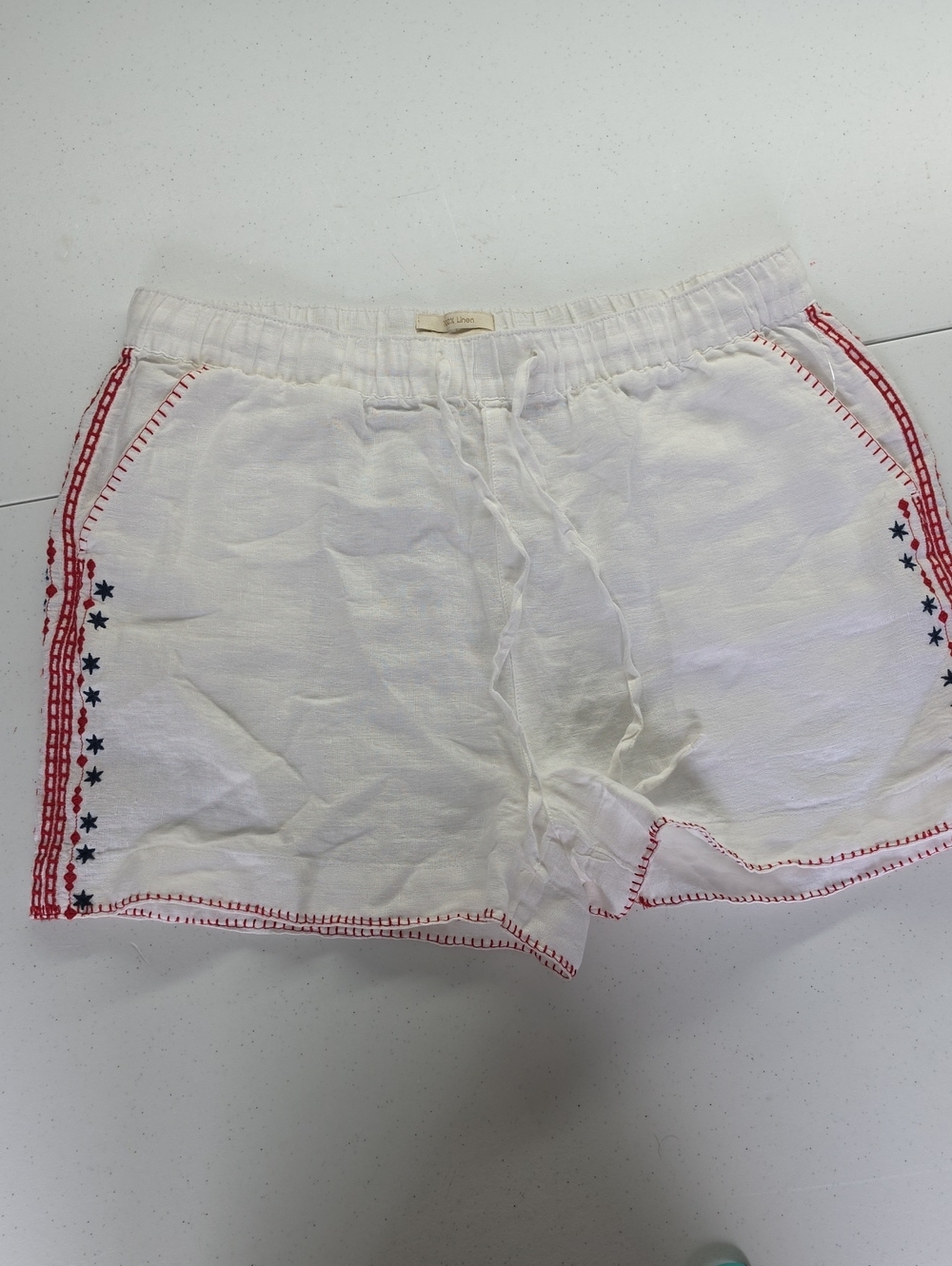 White Embroidered Women's 100% Linen Shorts C23